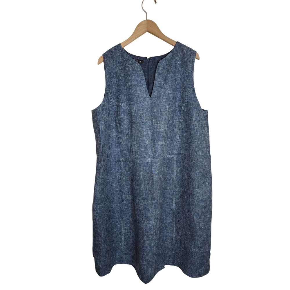 Lafayette 148 Sheath Dress Women 16W Blue Linen Blend Sleeveless V-Neck Shift